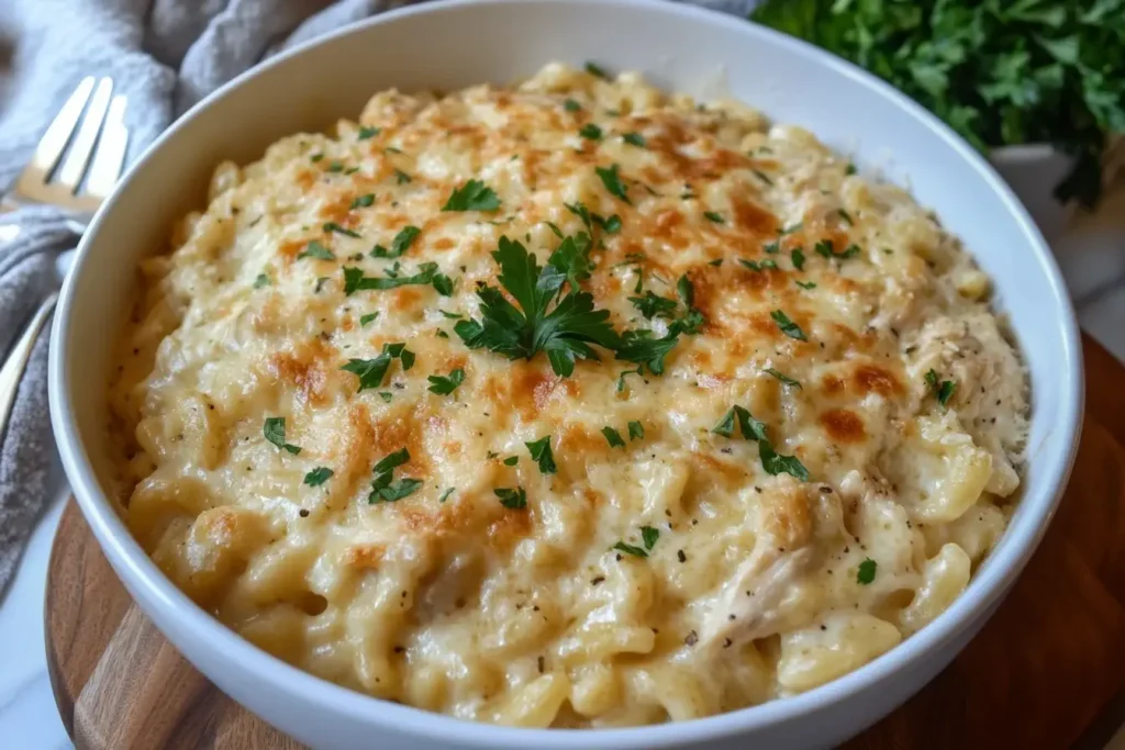 Baked Parmesan Garlic Chicken Mac and Cheese in a white bowl topped with golden cheese and fresh parsley.