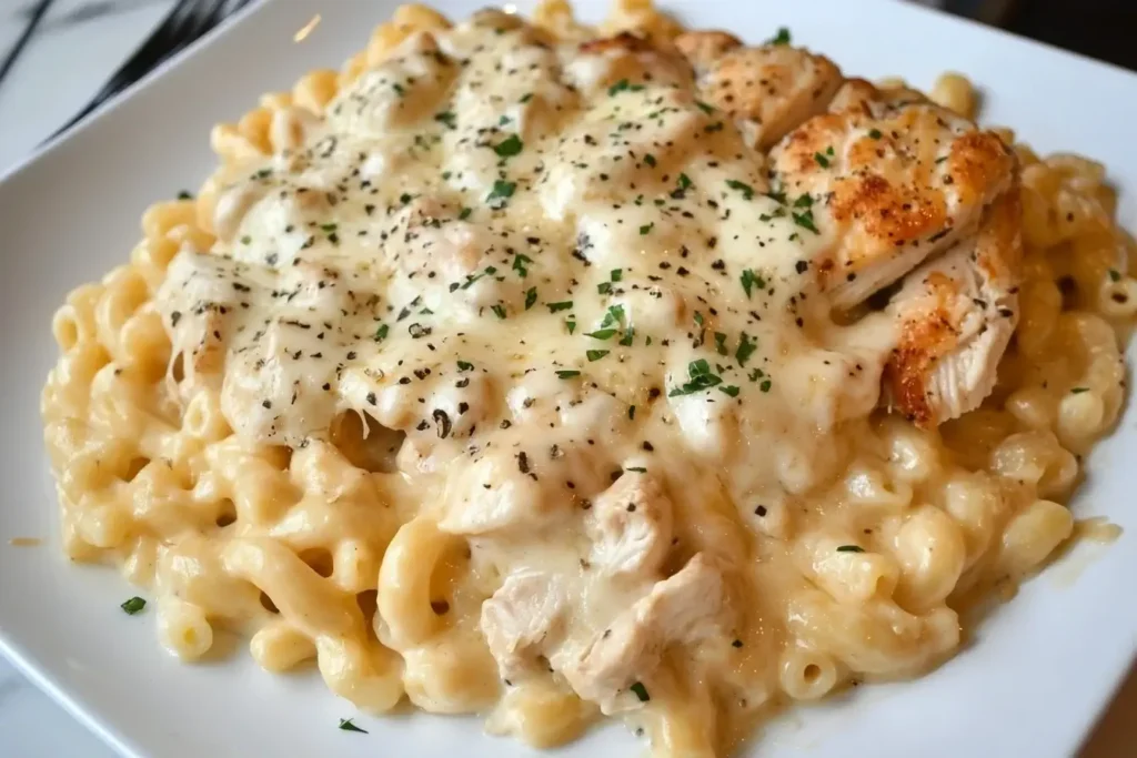 Close-up of creamy Parmesan Garlic Chicken Mac and Cheese topped with grilled chicken and herbs on a white plate.