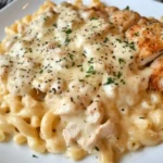Close-up of creamy Parmesan Garlic Chicken Mac and Cheese topped with grilled chicken and herbs on a white plate.