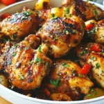 Close-up of juicy Portuguese Grilled Chicken with herbs and vegetables in a white bowl.