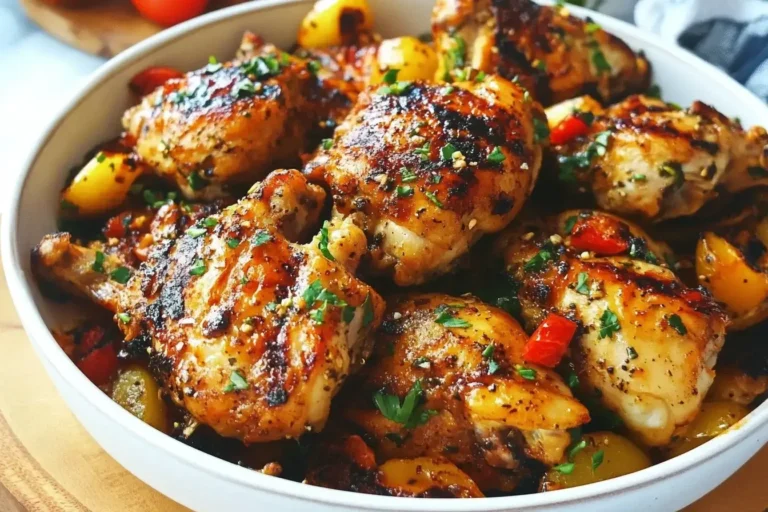 Close-up of juicy Portuguese Grilled Chicken with herbs and vegetables in a white bowl.
