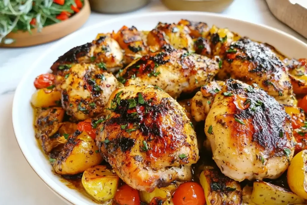 Juicy Portuguese Grilled Chicken thighs with charred skin and roasted vegetables in a white serving dish.