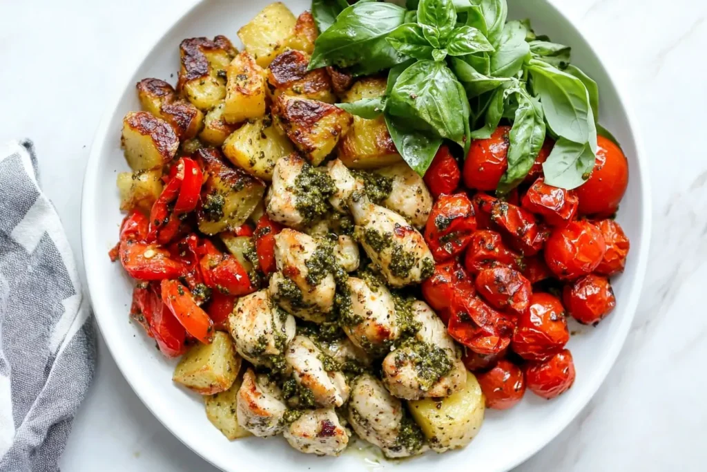 Sheet Pan Pesto Chicken and Potatoes with roasted cherry tomatoes, golden potatoes, and fresh basil