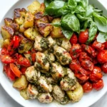 Sheet Pan Pesto Chicken and Potatoes with roasted cherry tomatoes, golden potatoes, and fresh basil