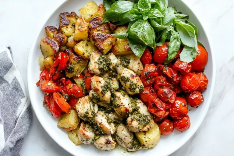 Sheet Pan Pesto Chicken and Potatoes with roasted cherry tomatoes, golden potatoes, and fresh basil