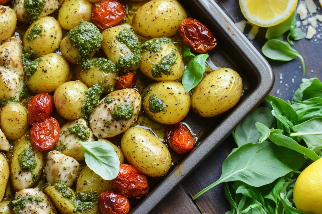 Sheet Pan Pesto Chicken and Potatoes with whole baby potatoes and roasted tomatoes in a baking pan
