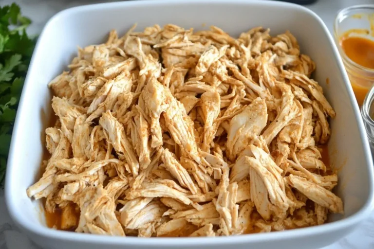 Tender Slow Cooker Mexican Shredded Chicken in a white serving dish, ready for tacos or bowls.