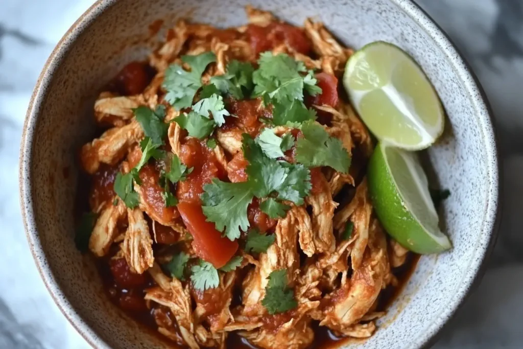 Slow Cooker Mexican Shredded Chicken topped with salsa, fresh cilantro, and lime wedges in a rustic bowl.