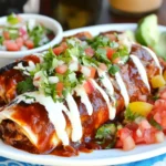 Smothered Burritos topped with red enchilada sauce, sour cream drizzle, fresh pico de gallo, and cilantro on a white plate with avocado slices.