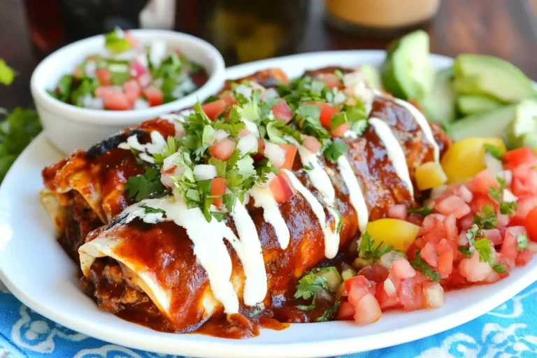 Smothered Burritos topped with red enchilada sauce, sour cream drizzle, fresh pico de gallo, and cilantro on a white plate with avocado slices.
