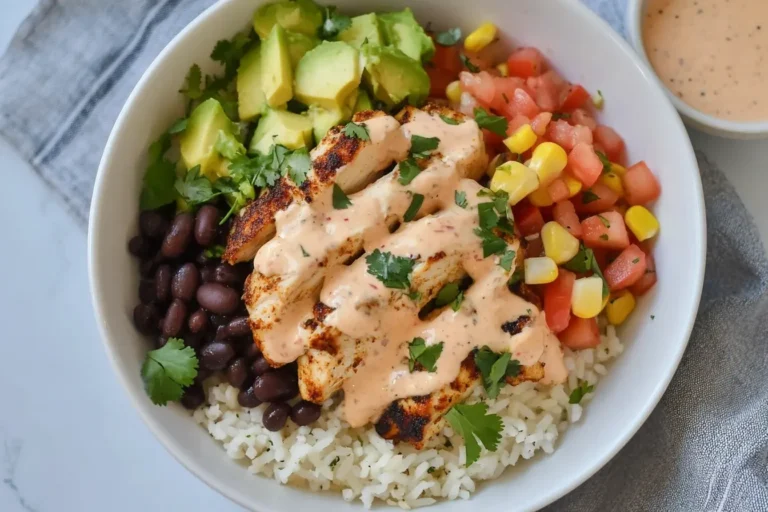 Southwest Chicken Burrito Bowls with grilled chicken, black beans, avocado, corn salsa, and creamy dressing over cilantro lime rice.