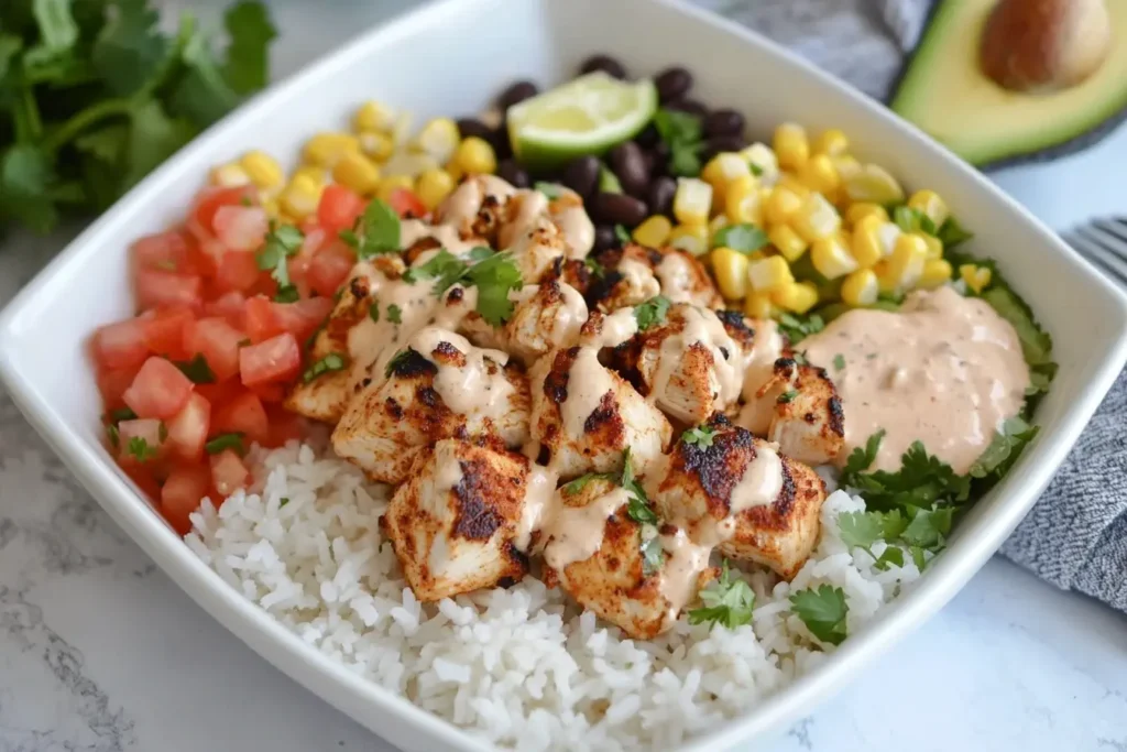 Southwest Chicken Burrito Bowls with grilled chicken, rice, black beans, corn, tomatoes, and creamy dressing in a white square bowl.