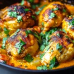 Close-up of Spicy Brazilian Coconut Chicken simmering in a creamy, vibrant coconut sauce with herbs and peppers.