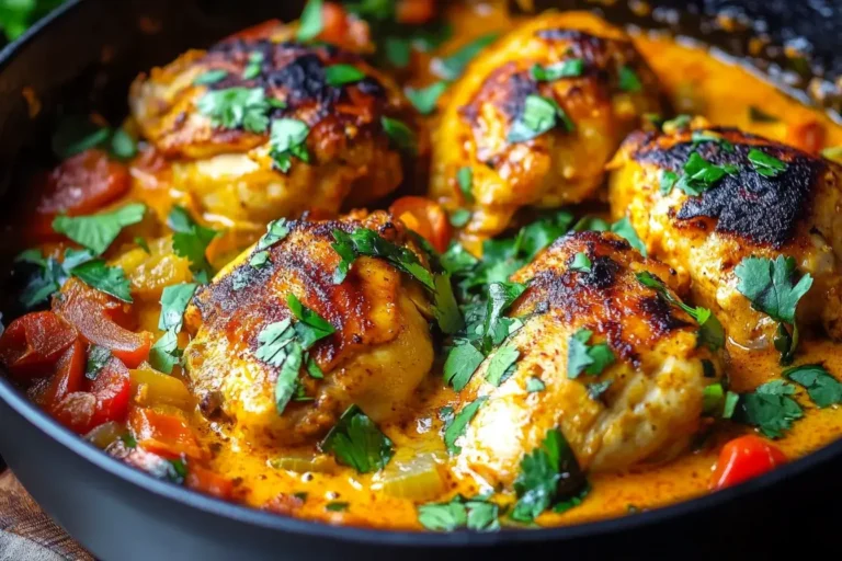 Close-up of Spicy Brazilian Coconut Chicken simmering in a creamy, vibrant coconut sauce with herbs and peppers.