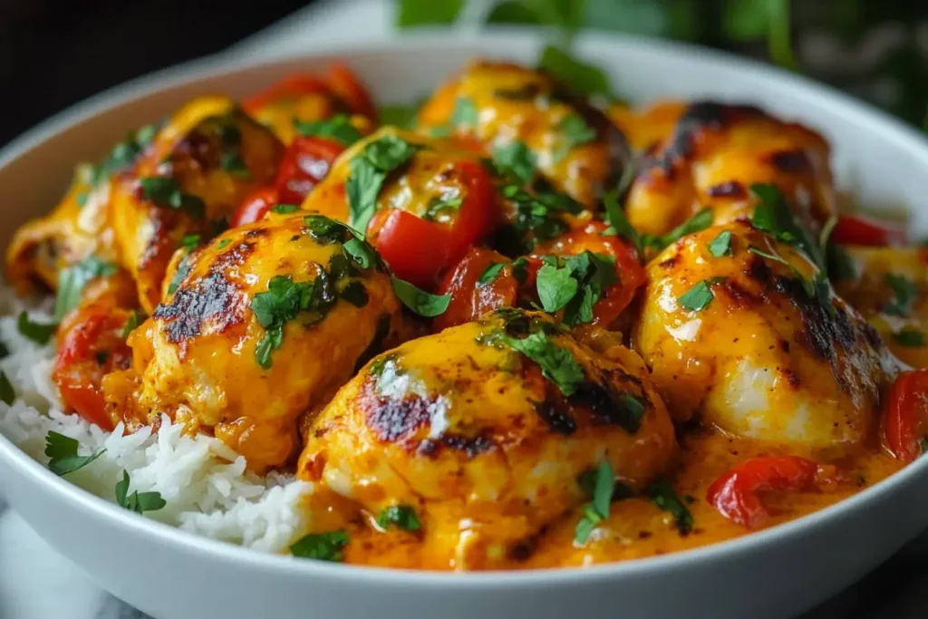 Spicy Brazilian Coconut Chicken served over white rice, topped with fresh herbs and vibrant bell peppers.