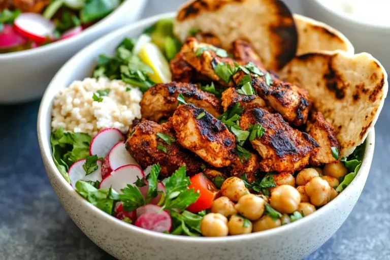 Colorful Spicy Chicken Nourish Bowl topped with grilled chicken, chickpeas, couscous, fresh veggies, and flatbread.