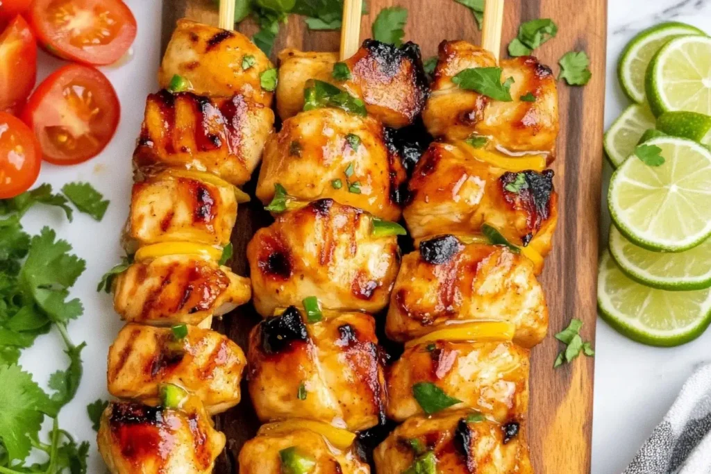 Grilled Spicy Honey Lime Chicken skewers with cilantro and lime slices on a wooden board
