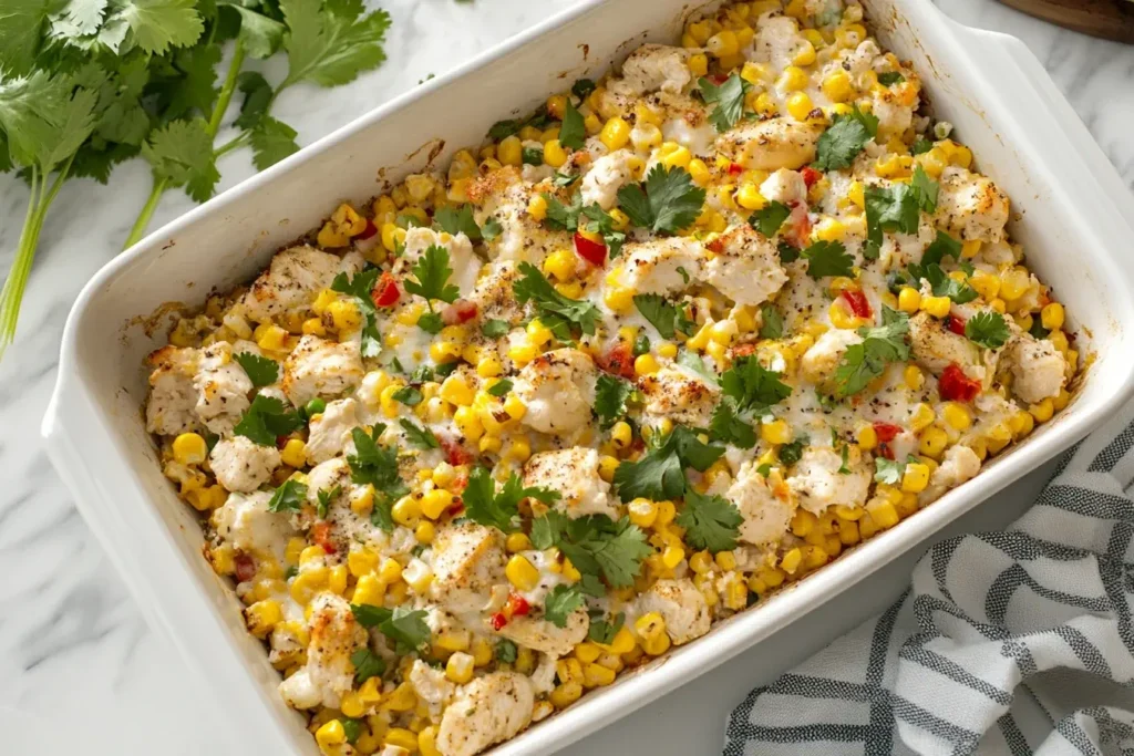 Street Corn Chicken Casserole topped with fresh cilantro, corn, and juicy chicken baked in a white ceramic dish