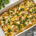 Street Corn Chicken Casserole topped with fresh cilantro, corn, and juicy chicken baked in a white ceramic dish