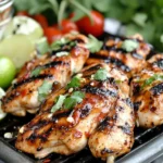 Grilled chicken breasts coated in Sweet Chili Chicken Marinade, garnished with cilantro and served with fresh limes.