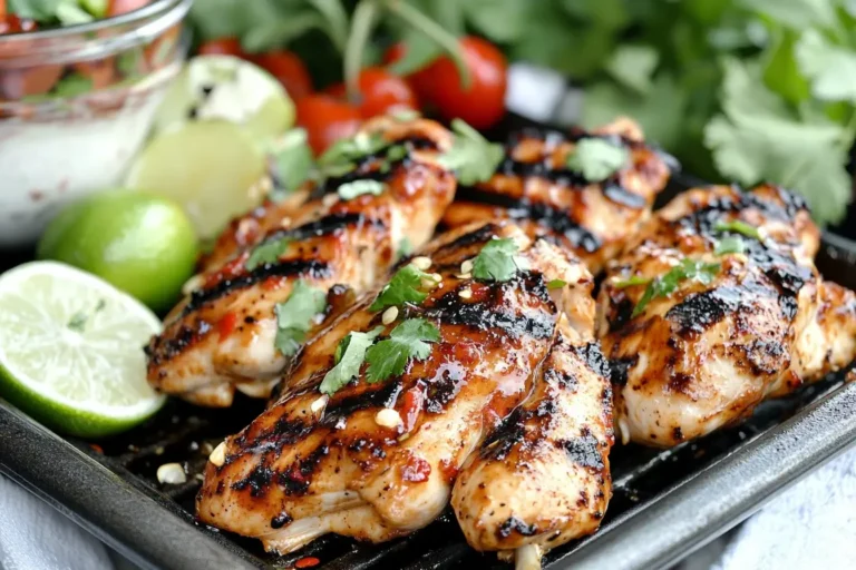 Grilled chicken breasts coated in Sweet Chili Chicken Marinade, garnished with cilantro and served with fresh limes.