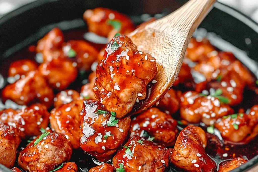 Close-up of Sweet and Spicy Sticky Chicken on wooden spoon with sesame seeds