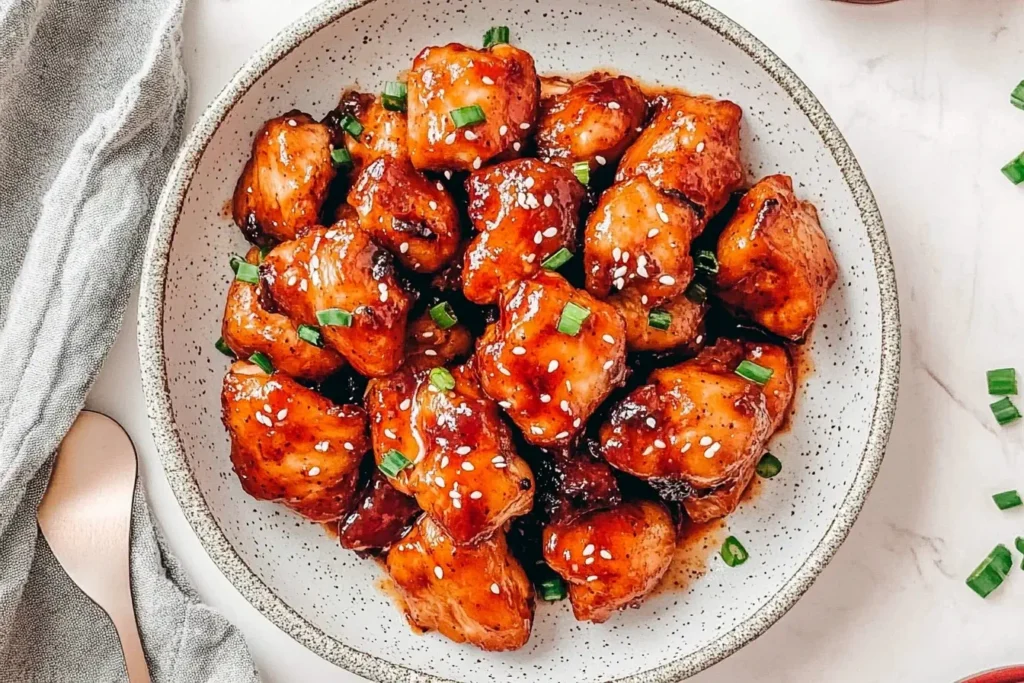 Bowl of Sweet and Spicy Sticky Chicken topped with sesame seeds and green onions