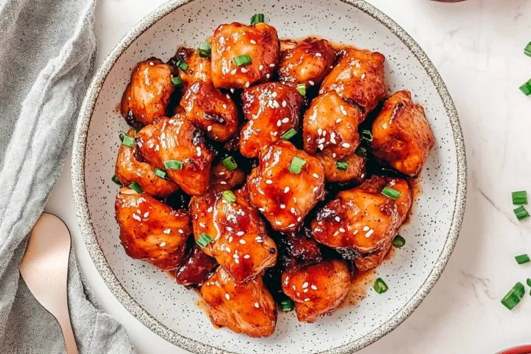 Bowl of Sweet and Spicy Sticky Chicken topped with sesame seeds and green onions