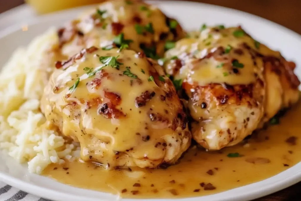 Texas Roadhouse Smothered Chicken served with creamy sauce over mashed potatoes