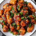 Crispy Thai Chicken Bites Recipe garnished with sesame seeds and cilantro in a white bowl.