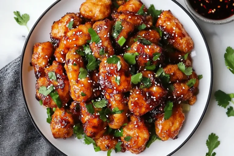 Crispy Thai Chicken Bites Recipe garnished with sesame seeds and cilantro in a white bowl.