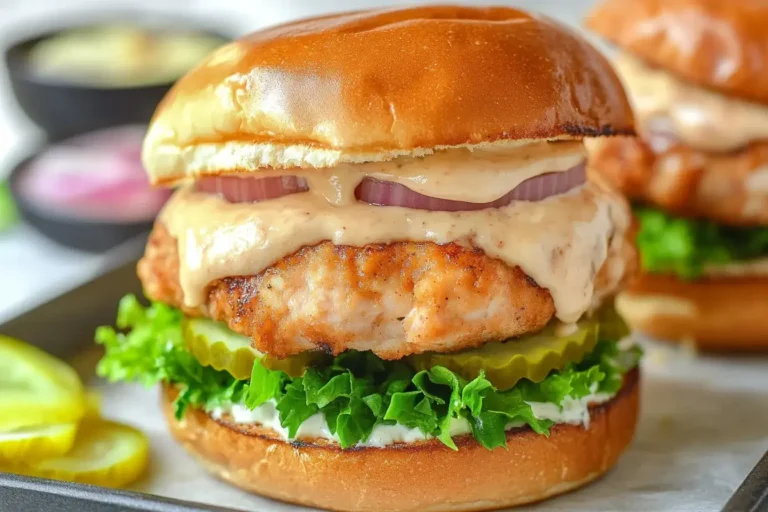 Close-up of The Best Chicken Burgers with lettuce, pickles, onions, and creamy sauce on a toasted brioche bun