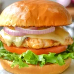 Close-up of The Best Chicken Burgers with melted cheese, red onions, lettuce, and tomato on a brioche bun
