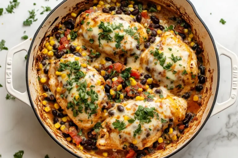 Santa Fe Chicken baked in a skillet with melted cheese, black beans, corn, and tomatoes