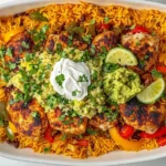 Baked Chicken and Rice Taco Skillet topped with sour cream, guacamole, lime, and cilantro in a white dish.