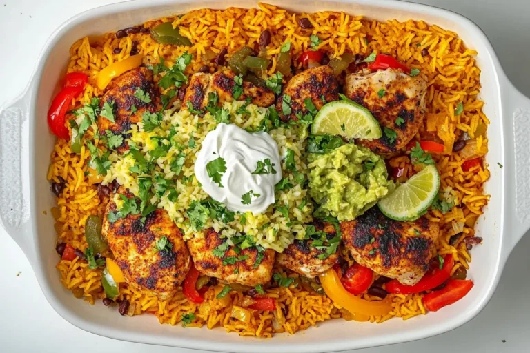 Baked Chicken and Rice Taco Skillet topped with sour cream, guacamole, lime, and cilantro in a white dish.