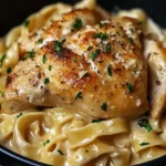 Close-up of creamy Chicken with Buttered Noodles topped with seared, seasoned chicken breast and fresh herbs in a black bowl.