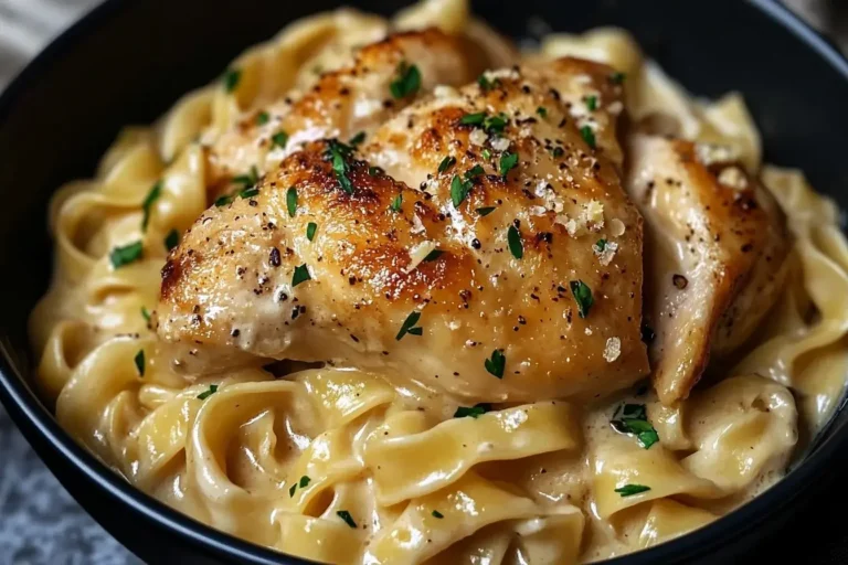 Close-up of creamy Chicken with Buttered Noodles topped with seared, seasoned chicken breast and fresh herbs in a black bowl.