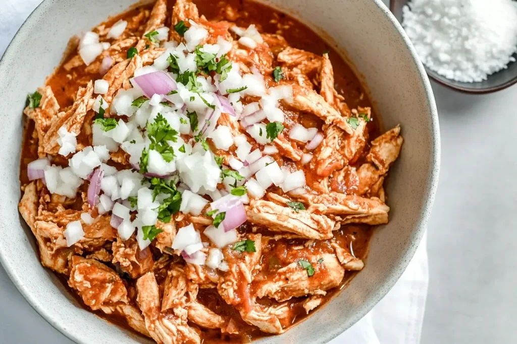 Bowl of shredded Chicken Tinga topped with chopped onions and fresh cilantro.