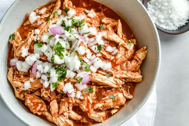 Bowl of shredded Chicken Tinga topped with chopped onions and fresh cilantro.