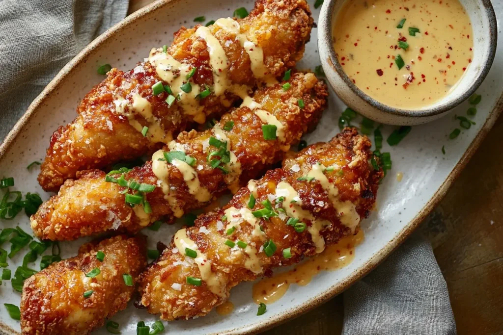 Crispy bang bang chicken tenders topped with spicy mayo sauce and garnished with fresh green onions, served with a creamy dip.