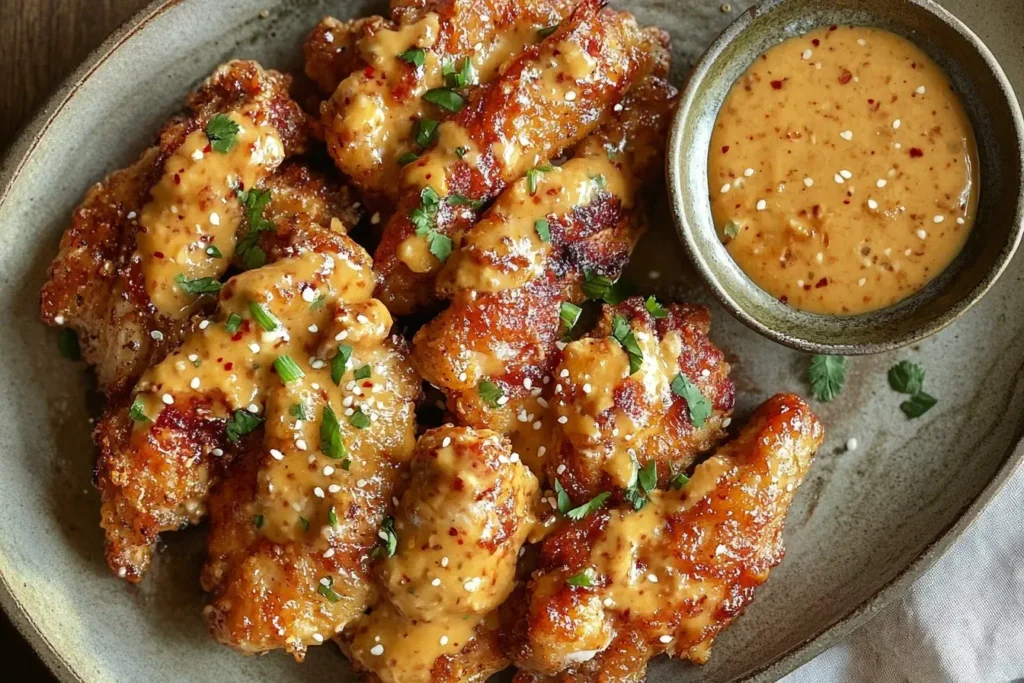 Close-up of crispy bang bang chicken drizzled with creamy sweet and spicy sauce, garnished with sesame seeds and fresh herbs.
