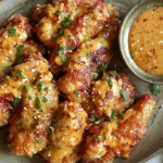 Close-up of crispy bang bang chicken drizzled with creamy sweet and spicy sauce, garnished with sesame seeds and fresh herbs.