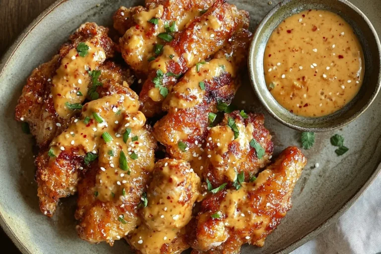 Close-up of crispy bang bang chicken drizzled with creamy sweet and spicy sauce, garnished with sesame seeds and fresh herbs.