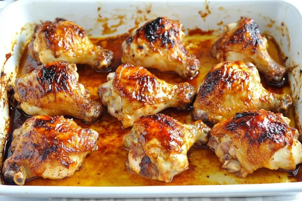 Two Ingredient Crispy Oven BBQ Chicken baked to golden perfection in a white roasting pan