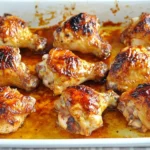 Two Ingredient Crispy Oven BBQ Chicken baked to golden perfection in a white roasting pan