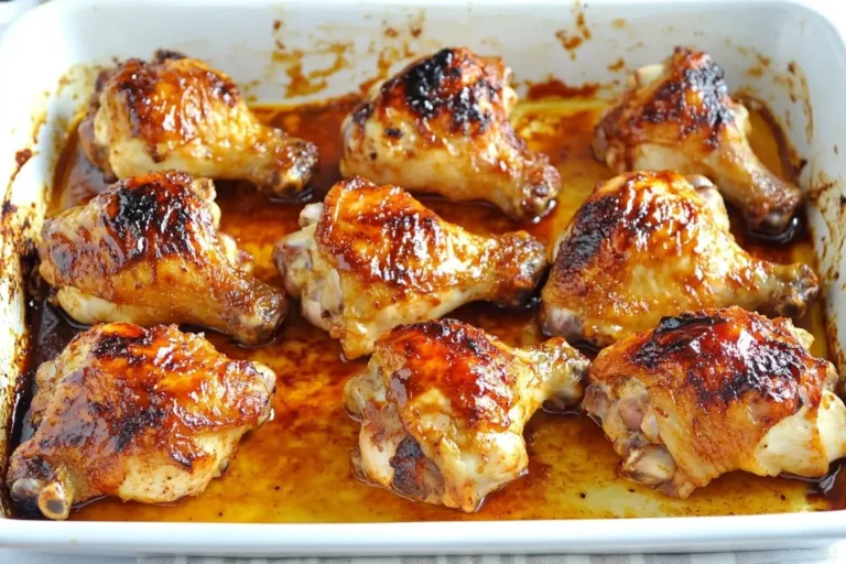 Two Ingredient Crispy Oven BBQ Chicken baked to golden perfection in a white roasting pan