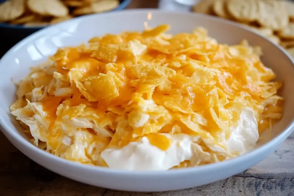 Dolly Parton’s 5-Ingredient Country-Style Casserole served in a white bowl with melted cheese and crushed crackers on top.