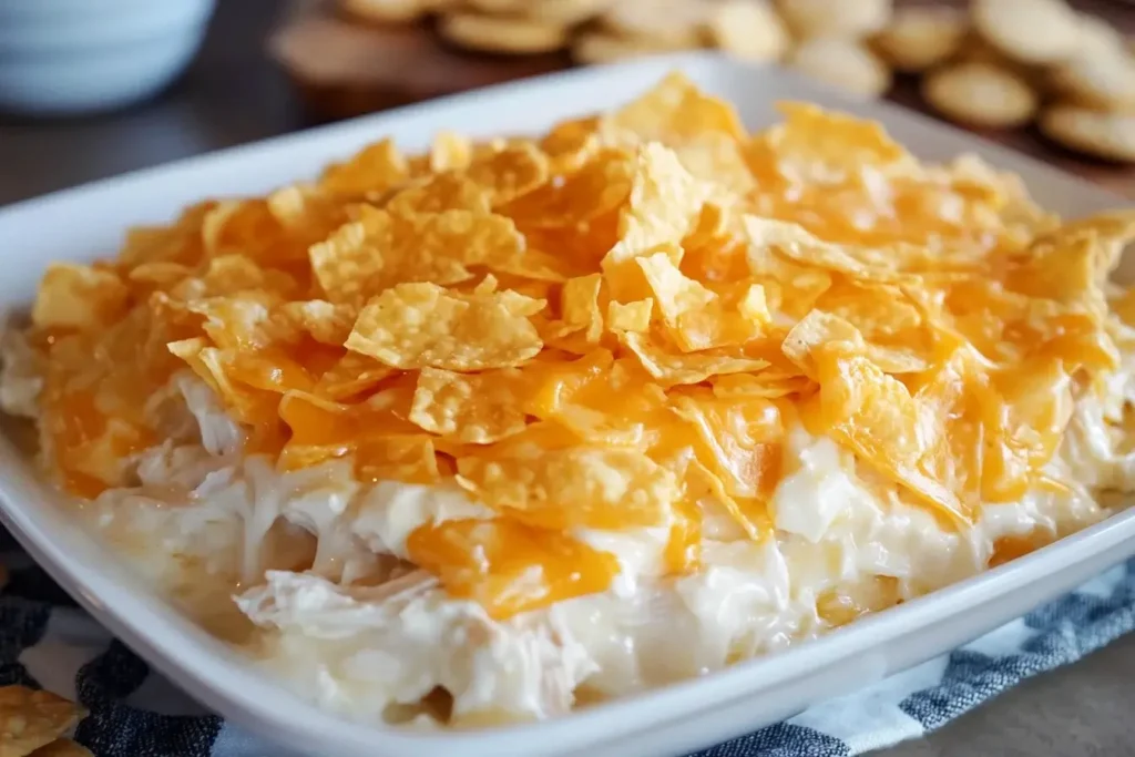 Close-up of Dolly Parton’s 5-Ingredient Country-Style Casserole topped with melted cheddar and crushed buttery crackers.