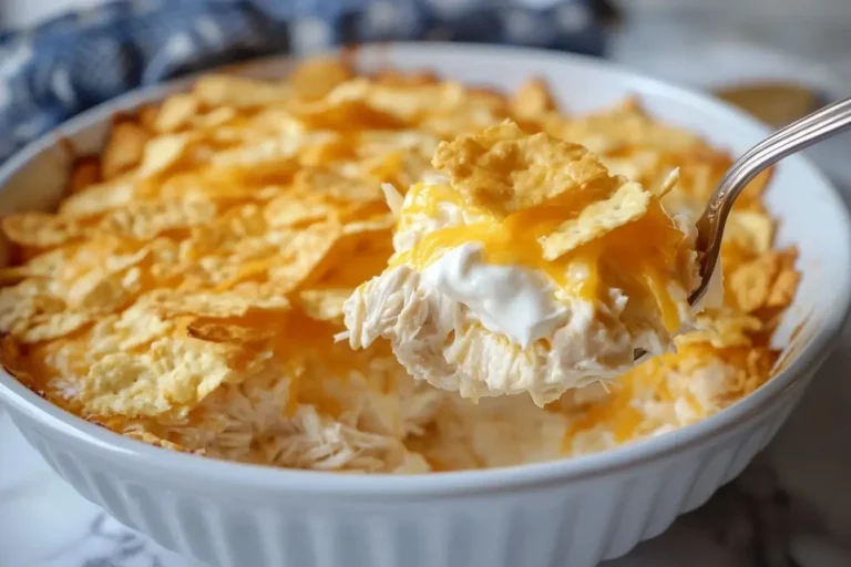 Dolly Parton’s 5-Ingredient Country-Style Casserole with shredded chicken, sour cream, melted cheddar, and buttery cracker topping.